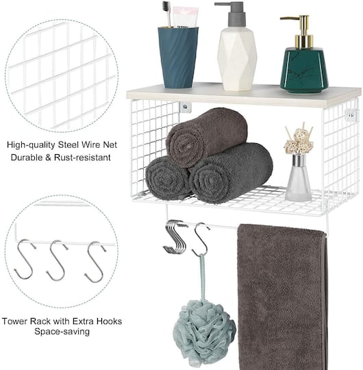 Wood & Metal Wall Mounted Bathroom Towel Rack with 6 Hooks